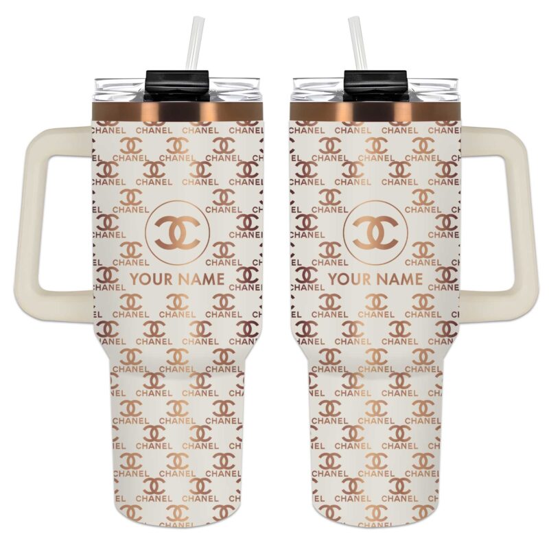 Chanel Pattern Logo Luxury Stanley Tumbler 40oz Cream Engraved Tumbler OTL1045