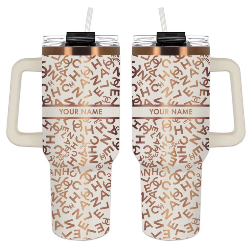 Chanel Pattern Luxury Stanley Tumbler 40oz Cream Engraved Tumbler OTL1032