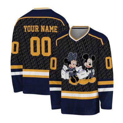 Dior Pattern Mickey Minnie Mouse Personalized V-Neck Hockey Jersey OHS1007