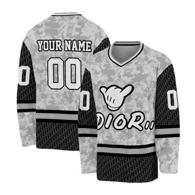 Dior Pattern Mickey Mouse White Camouflate Personalized V-Neck Hockey Jersey OHS1008