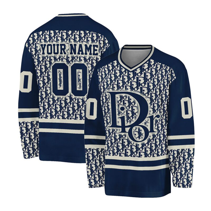 Dior Vintage Blue Pattern Personalized V-Neck Hockey Jersey OHS1000