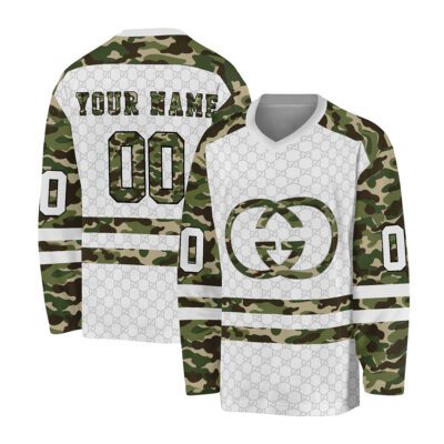 Gucci Army Camouflage Military Appreciation Green Pattern Personalized V-Neck Hockey Jersey