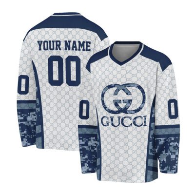 Gucci Camouflage Blue Pattern Personalized V-Neck Hockey Jersey OHS1010