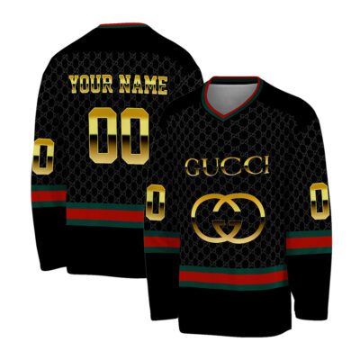 Gucci Luxury Golden Black Personalized V-Neck Hockey Jersey