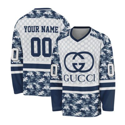 Gucci Seamless Blue Camouflage Military Appreciation Pattern Personalized V-Neck Hockey Jersey