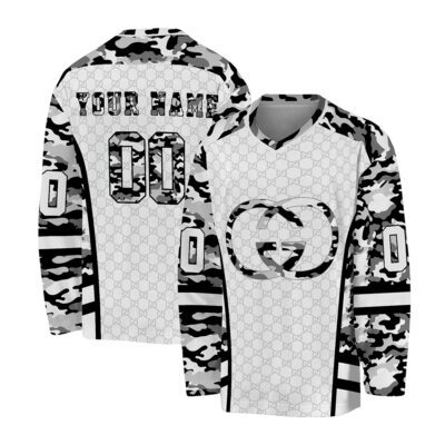 Gucci Seamless Camouflage Military Appreciation Black White Pattern Personalized V-Neck Hockey Jersey
