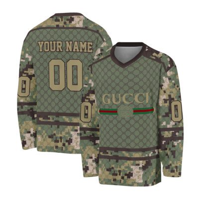 Gucci Seamless Camouflage Military Appreciation Green Pattern Personalized V-Neck Hockey Jersey