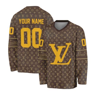 Louis Vuitton Pattern Brown Personalized V-Neck Hockey Jersey