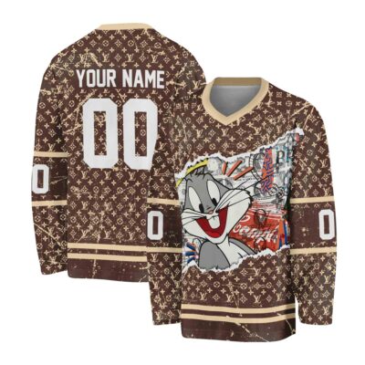 Louis Vuitton Pattern Bugs Bunny Scratch Effect Personalized V-Neck Hockey Jersey OHS1020