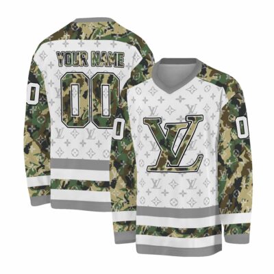 Louis Vuitton Pattern Camo Military Appreciation Personalized V-Neck Hockey Jersey