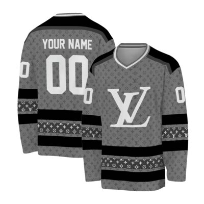Louis Vuitton Pattern Gray  Personalized V-Neck Hockey Jersey