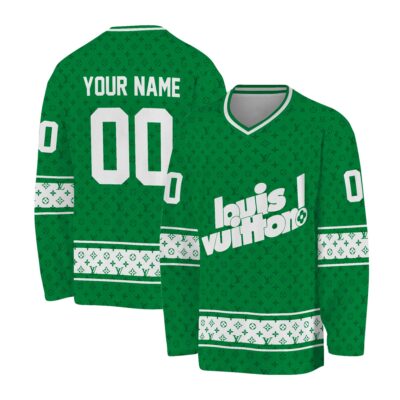 Louis Vuitton Pattern Green Color Personalized V-Neck Hockey Jersey