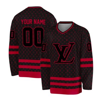 Louis Vuitton Pattern Red And Black Combination Personalized V-Neck Hockey Jersey