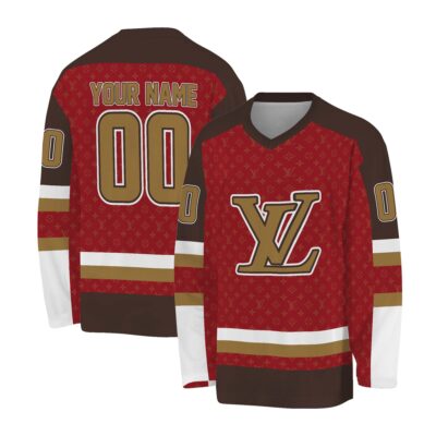 Louis Vuitton Pattern Stripes Red Sporty Personalized V-Neck Hockey Jersey
