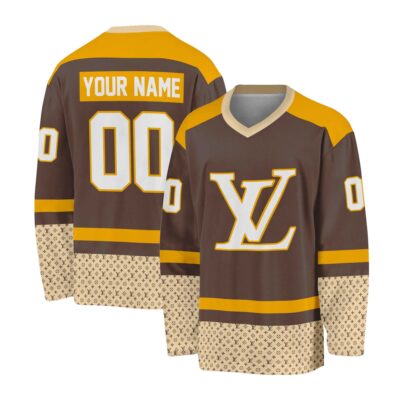 Louis Vuitton Pattern Yellow Brown Color Personalized V-Neck Hockey Jersey