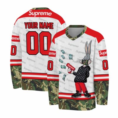 Louis Vuitton Supreme Camouflage Pattern Bugs Bunny Personalized V-Neck Hockey Jersey OHS1021
