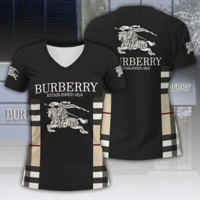 Burberry Black 1856 Pattern Luxury Women V-neck T-Shirt VNL1008