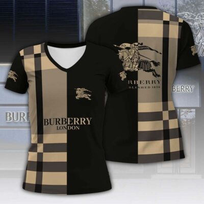 Burberry London Pattern Luxury Women V-neck T-Shirt VNL1001