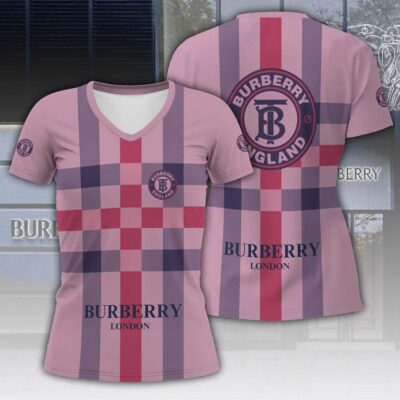 Burberry Pink Pattern Luxury Women V-neck T-Shirt VNL1005