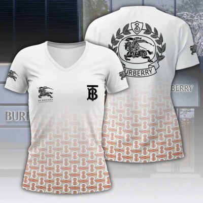 Burberry White Pattern Luxury Women V-neck T-Shirt VNL1002