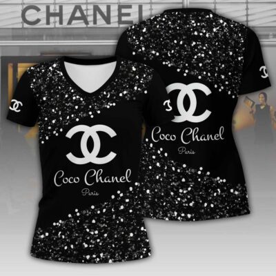 Chanel Black Glitter Luxury Women V-neck T-Shirt VNL1016