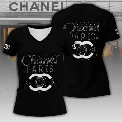 Chanel Rhinestones Pattern Luxury Women V-neck T-Shirt VNL1017