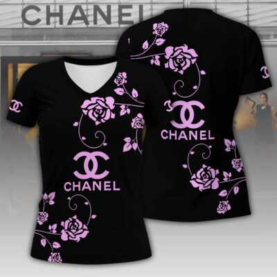 Chanel Rose Pink Luxury Women V-neck T-Shirt VNL1011