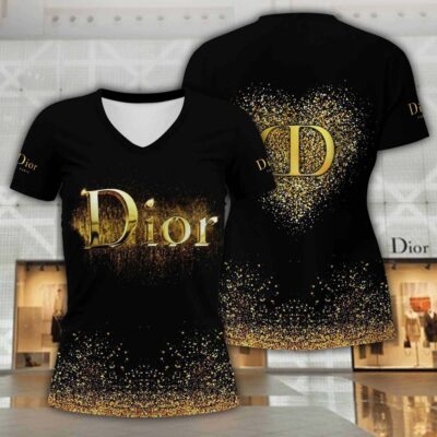 Dior Gold Heart Luxury Women V-neck T-Shirt VNL1026