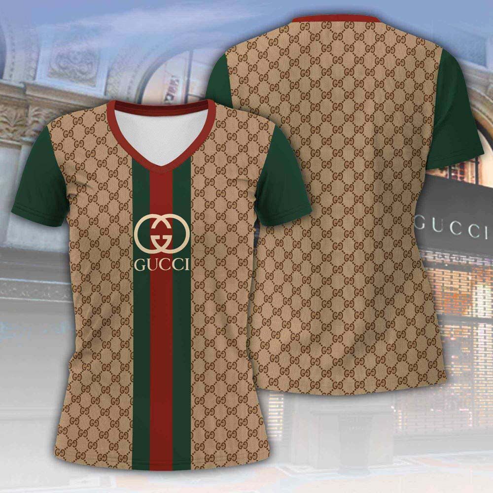 Gucci-Brown-Pattern-Luxury-Women-V-neck-T-Shirt-VNL1031 Gucci Brown Pattern Luxury Women V-neck T-Shirt VNL1031