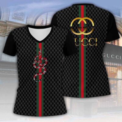 Gucci Snake Black Luxury Women V-neck T-Shirt VNL1032