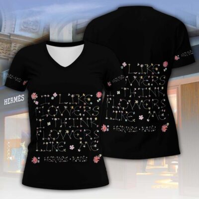 Hermes I Like Flowers Pattern Luxury Women V-neck T-Shirt VNL1048