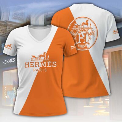 Hermes Orange Logo Luxury Women V-neck T-Shirt VNL1046