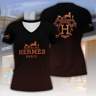Hermes Pattern Luxury Women V-neck T-Shirt VNL1051