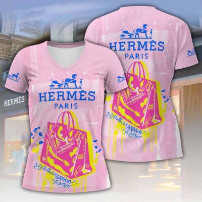 Hermes Pink Art Luxury Women V-neck T-Shirt VNL1050