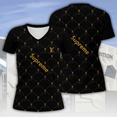 Louis Vuitton LV Black Supreme Pattern Luxury Women V-neck T-Shirt VNL1062