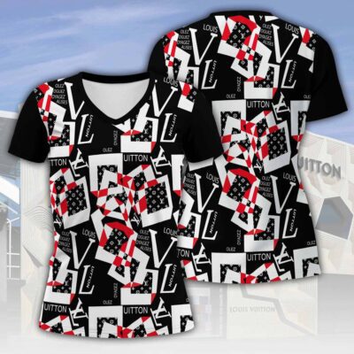 Louis Vuitton LV Black White Red Pattern Women V-neck T-Shirt VNL1063