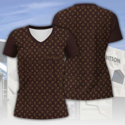 Louis Vuitton LV Brown Pattern Luxury Women V-neck T-Shirt VNL1058