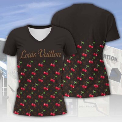 Louis Vuitton LV Cherry Pattern Luxury Women V-neck T-Shirt VNL1069