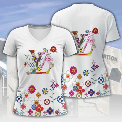 Louis Vuitton LV Flowers Murakami Luxury Women V-neck T-Shirt VNL1060