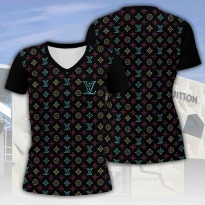 Louis Vuitton LV Light Multicolor Pattern Luxury Women V-neck T-Shirt VNL1064