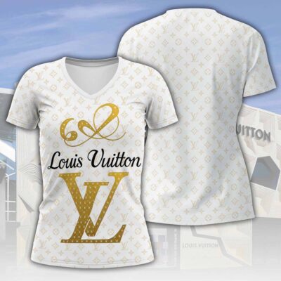 Louis Vuitton LV White Pattern Luxury Women V-neck T-Shirt VNL1068