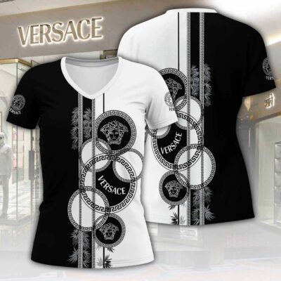 Versace Black White Luxury Women V-neck T-Shirt VNL1076