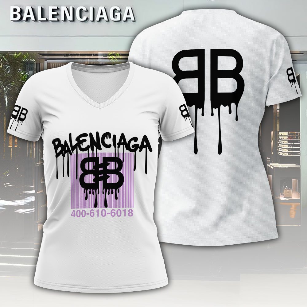 Balenciaga-Dripping-Logo-Luxury-Women-V-neck-T-shirt-VNL1089 Balenciaga Dripping Logo Luxury Women V-neck T-shirt VNL1089