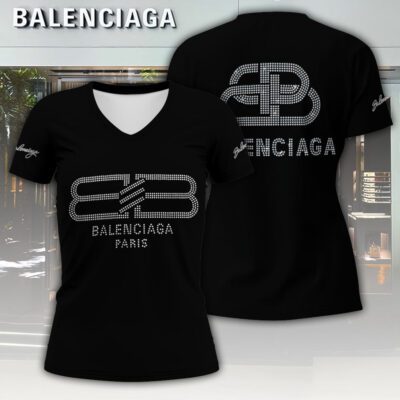 Balenciaga Logo Rhinestone Luxury Women V-neck T-shirt VNL1087