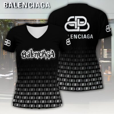Balenciaga White Pattern Luxury Women V-neck T-shirt VNL1082