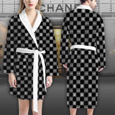 Chanel Black Grey Checkered Pattern Luxury Bathrobe 2