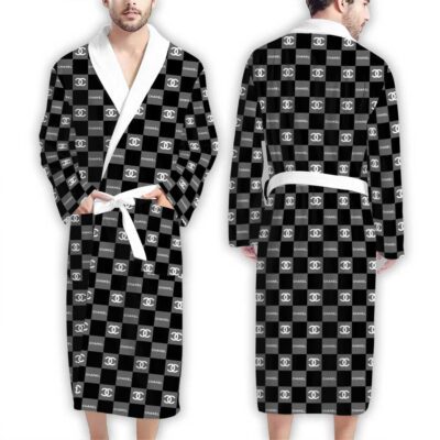 Chanel Black Grey Checkered Pattern Luxury Bathrobe