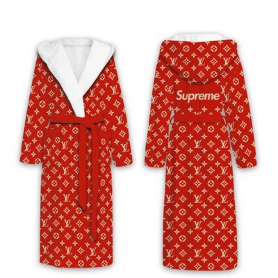 LV Monogram Supreme Red Luxury Hooded Bathrobe Collection For Winter