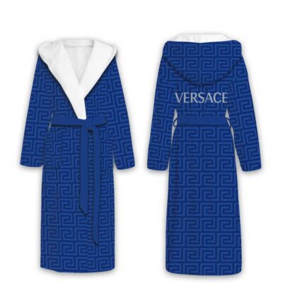 Versace Monogram Greek Key Deep Royal Blue Luxury Hooded Bathrobe Collection For Winter