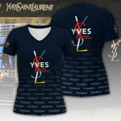 YSL Blue Pattern Luxury Women V-neck T-shirt VNL1092